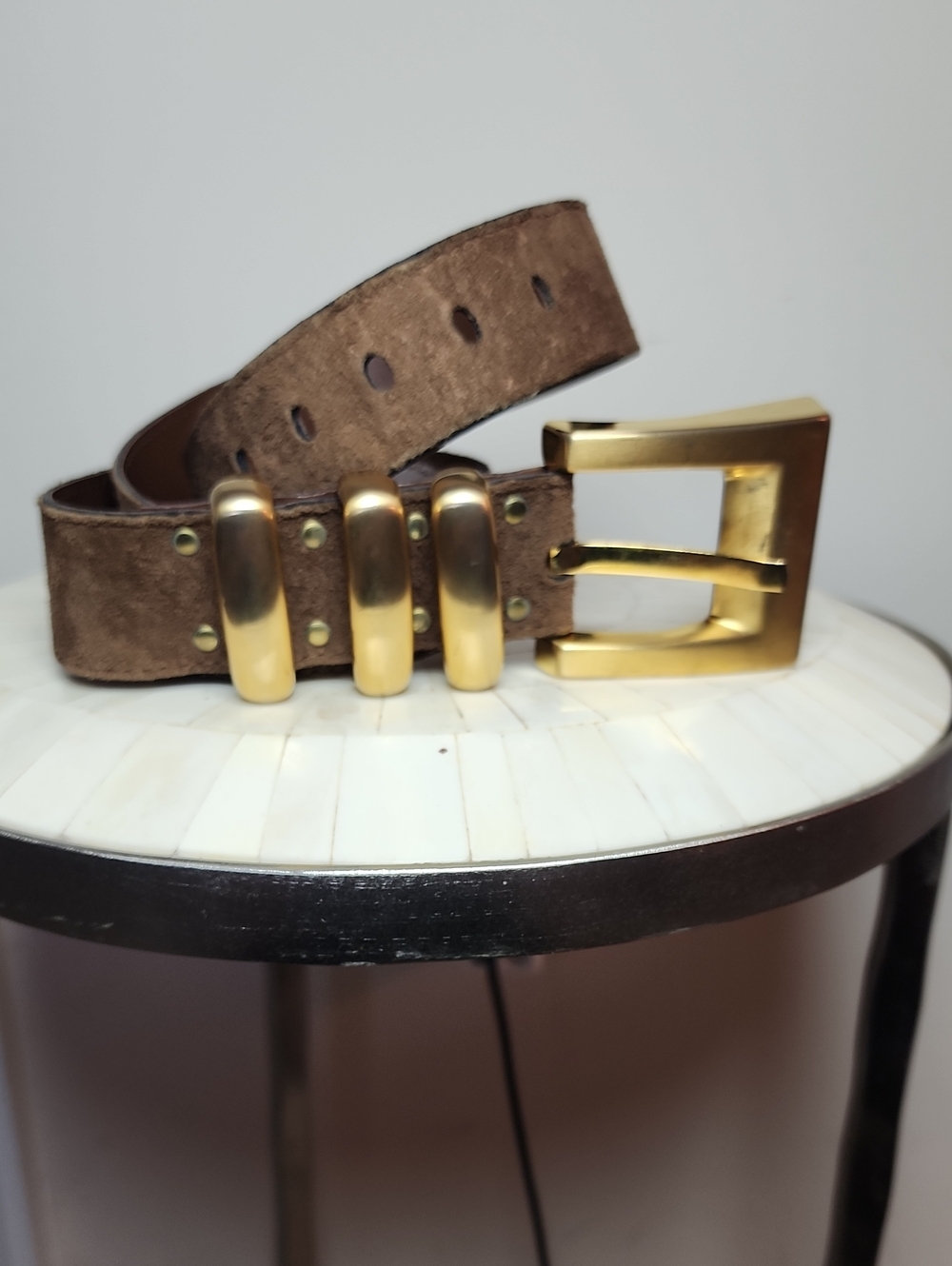 Women’s Vintage Brown Suede Belt with Gold-Tone Buckle
